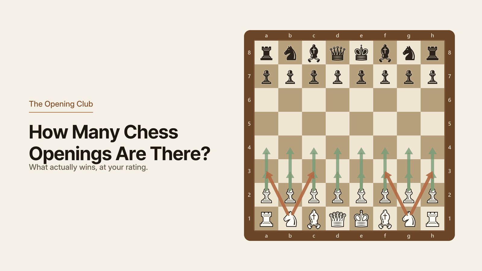 The starting position with all twenty of White's legal first moves drawn as arrows: sixteen pawn moves and four knight moves