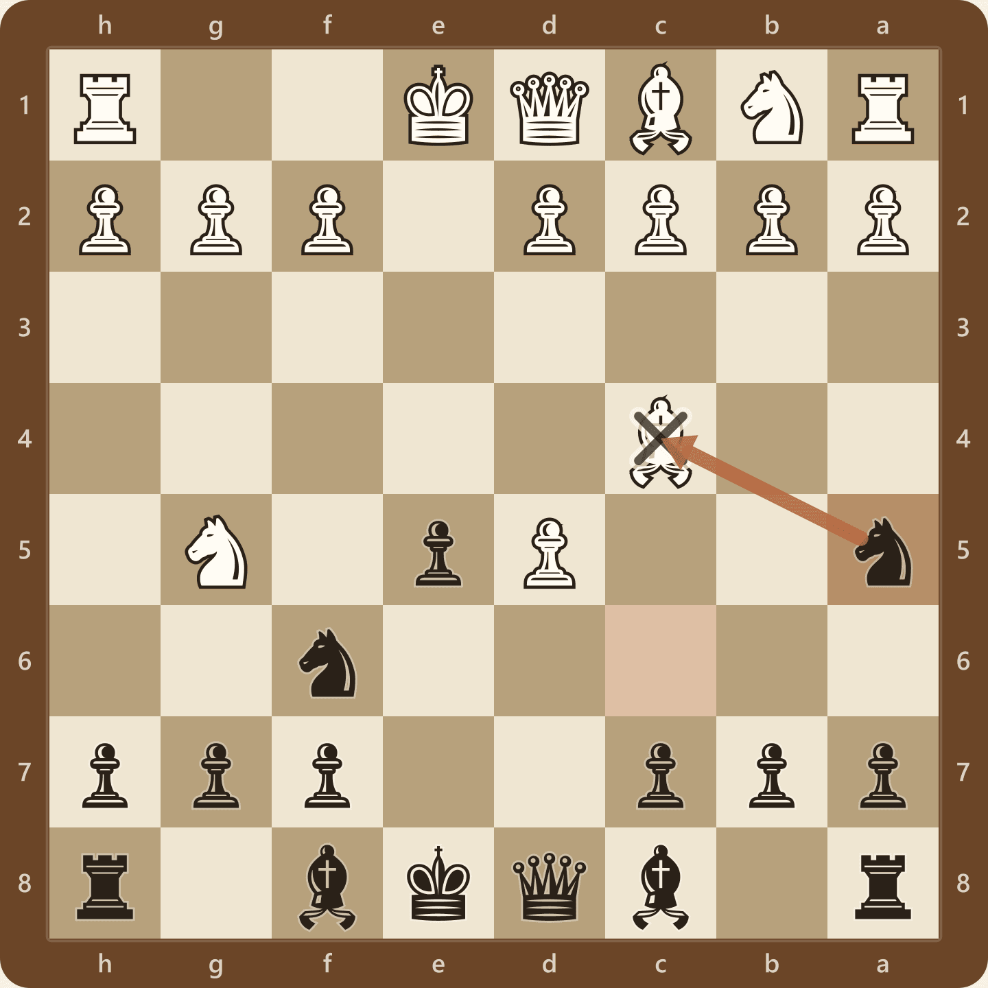 The Two Knights Polerio Defense after 5...Na5, seen from Black's side, with the knight attacking White's bishop on c4 instead of recapturing on d5