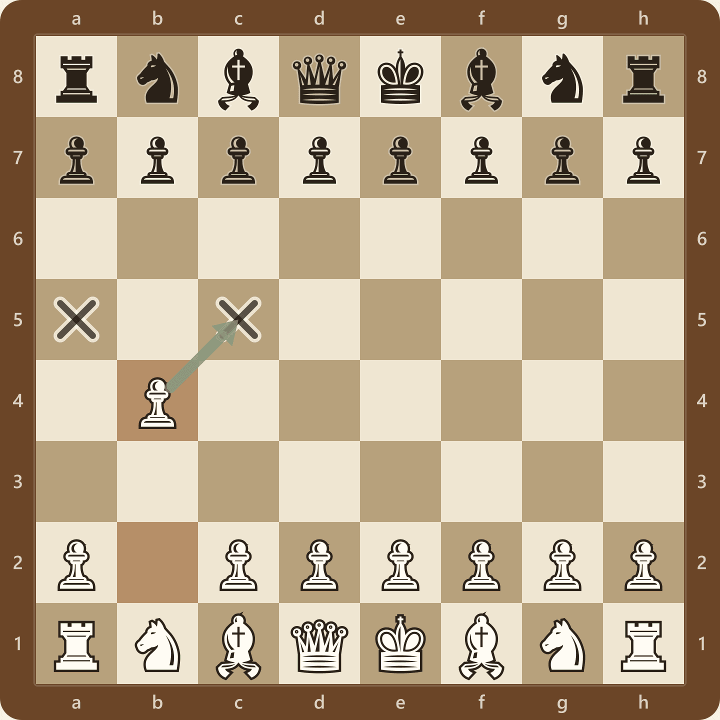 Position after 1.b4, the Polish Opening or Orangutan, seen from White's side, with the b-pawn advanced two squares on move one and no piece developed