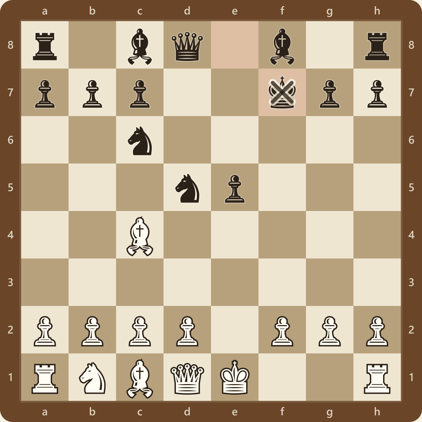 The Fried Liver Attack after 1.e4 e5 2.Nf3 Nc6 3.Bc4 Nf6 4.Ng5 d5 5.exd5 Nxd5 6.Nxf7 Kxf7, seen from White's side, with the black king dragged onto f7 and White a knight down