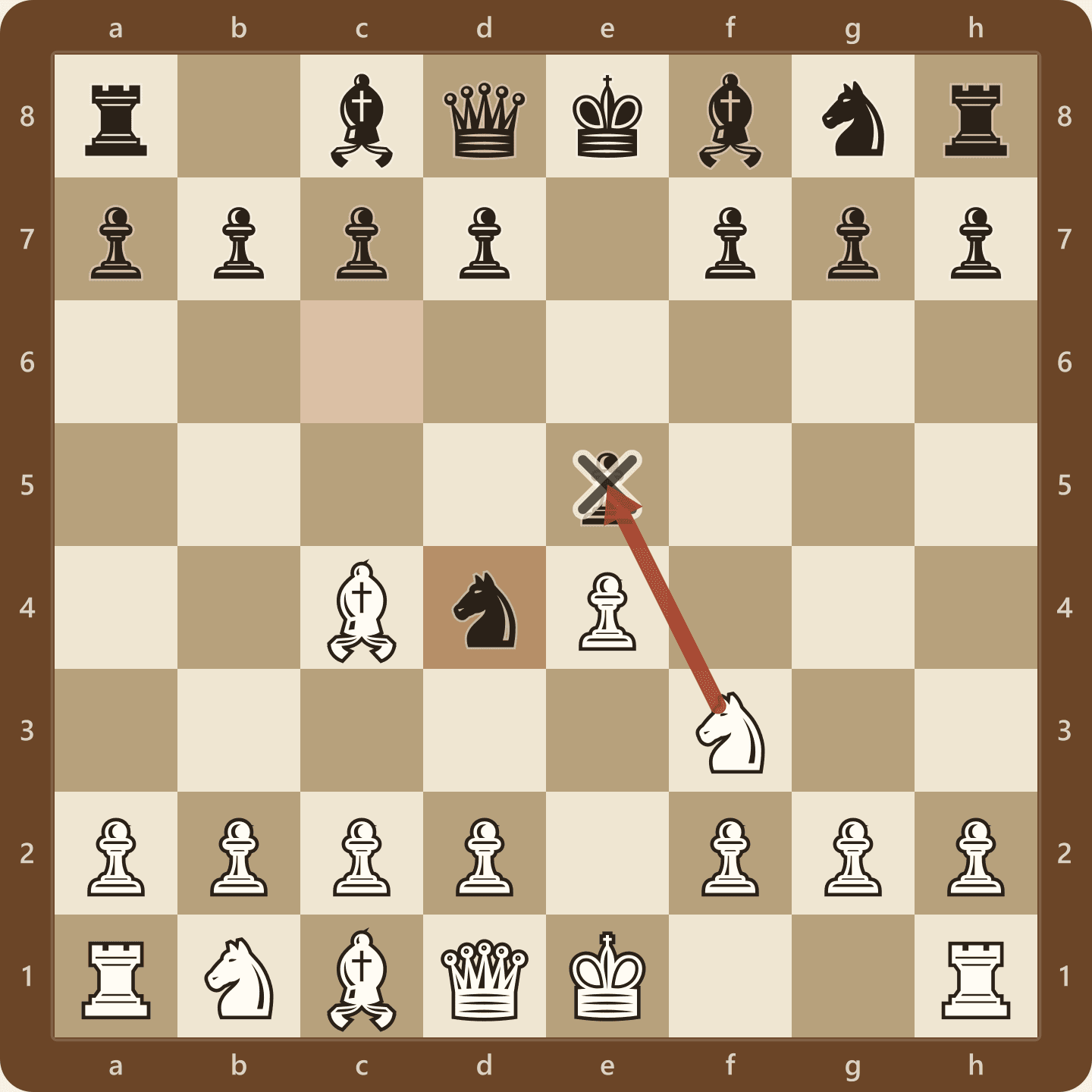 The Blackburne Shilling Gambit after 1.e4 e5 2.Nf3 Nc6 3.Bc4 Nd4, seen from White's side, with the black knight sitting on d4 and the e5 pawn apparently free