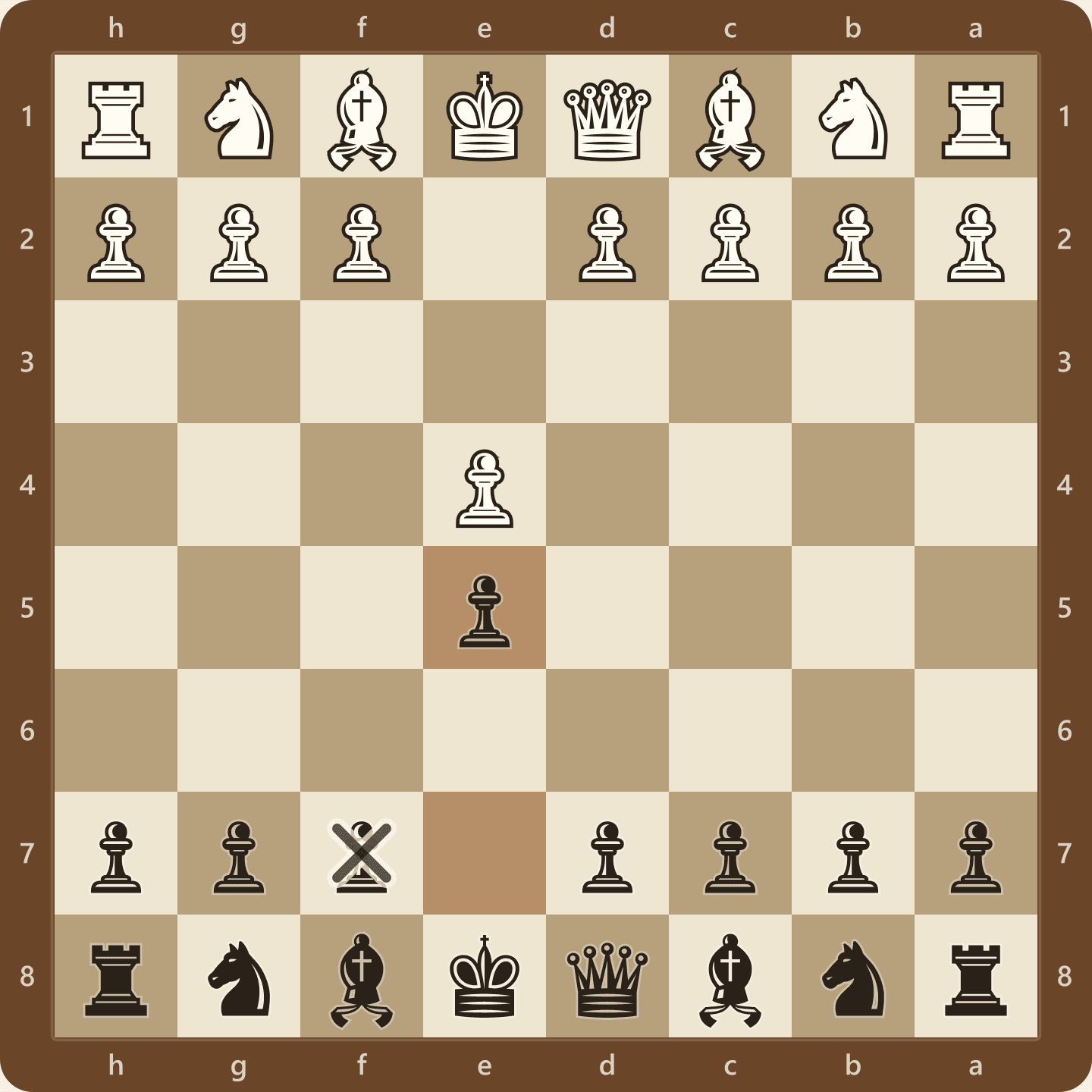 The Open Games after 1...e5, shown from Black's side. Black meets White symmetrically, and the f7 square is defended only by the king