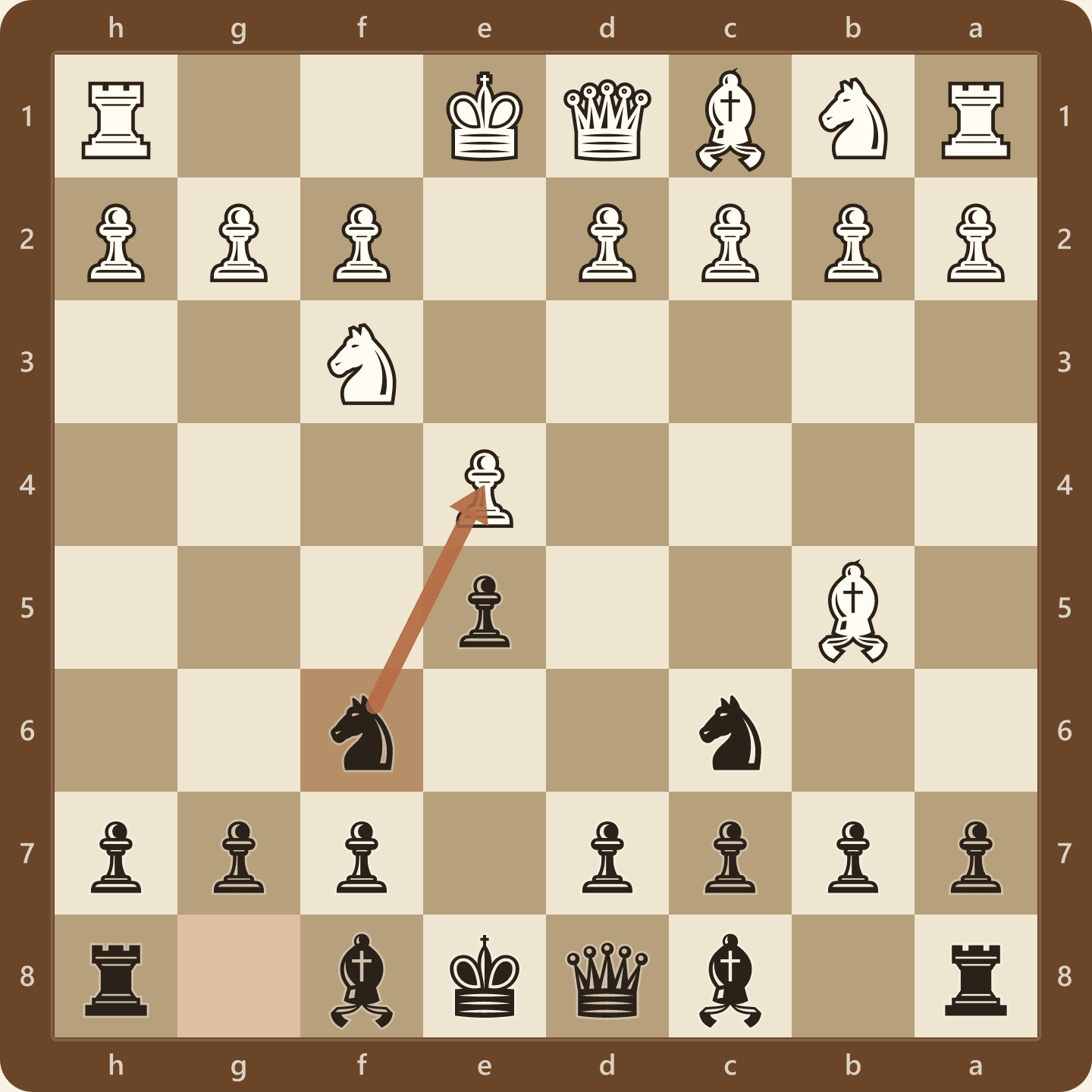 The Berlin Defense after 1.e4 e5 2.Nf3 Nc6 3.Bb5 Nf6, seen from Black's side, with the black knight on f6 attacking White's e4 pawn instead of dealing with the bishop on b5