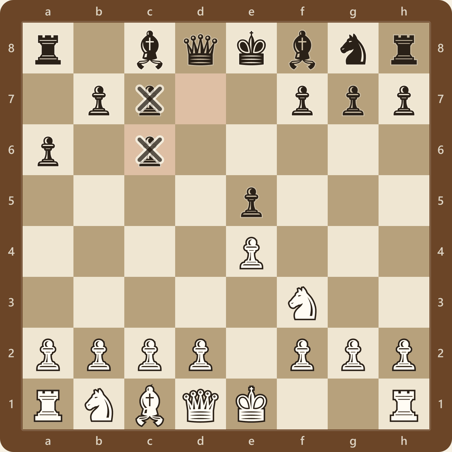 The Ruy Lopez Exchange Variation after 1.e4 e5 2.Nf3 Nc6 3.Bb5 a6 4.Bxc6 dxc6, seen from White's side, with Black's doubled pawns on c6 and c7 marked