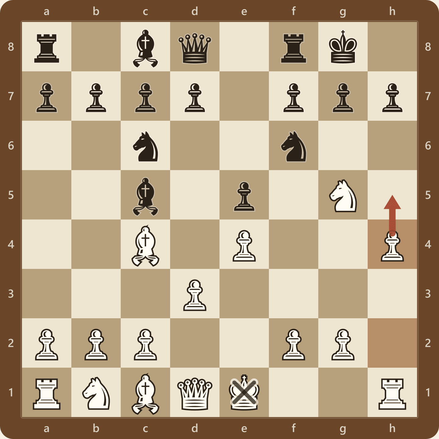 Position after 1.e4 e5 2.Nf3 Nc6 3.Bc4 Bc5 4.d3 Nf6 5.Ng5 O-O 6.h4, seen from White's side, with White's king still on e1 and a pawn charging up the h-file