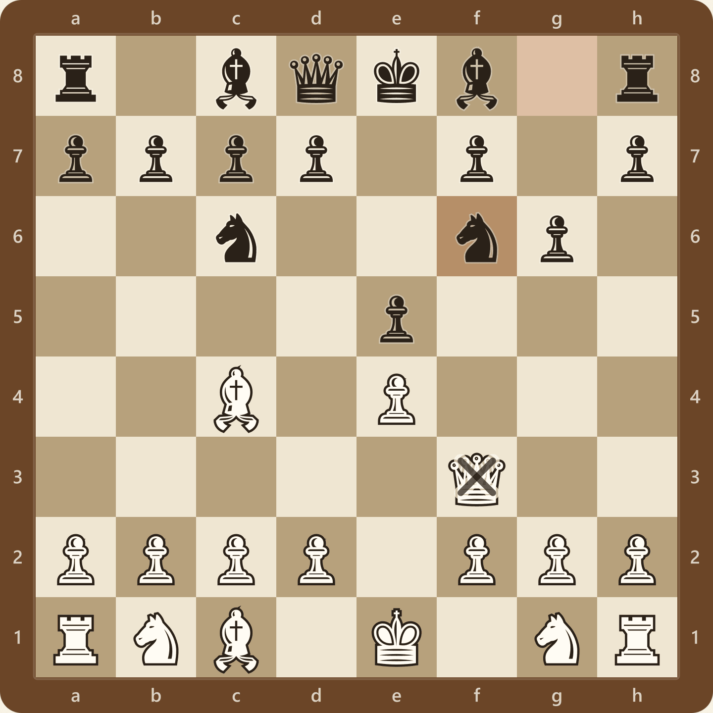 Position after 1.e4 e5 2.Qh5 Nc6 3.Bc4 g6 4.Qf3 Nf6, seen from White's side, with the white queen already on her third square