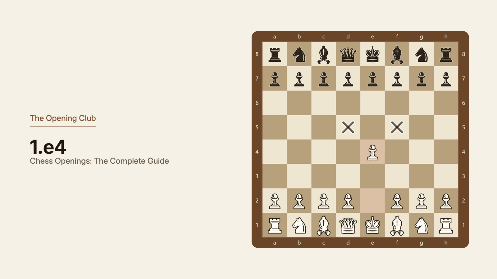 The board after White's first move 1.e4, with X markers on d5 and f5 showing the two squares the new pawn attacks