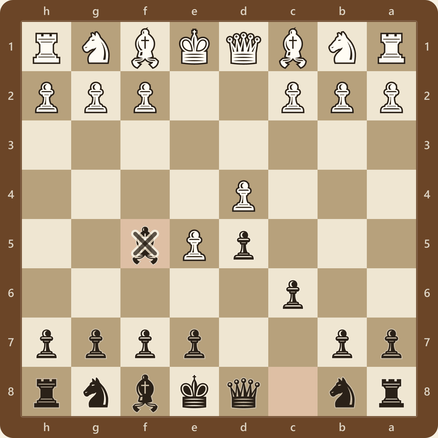 The Caro-Kann Advance Variation after 1.e4 c6 2.d4 d5 3.e5 Bf5, seen from Black's side, with the light-squared bishop developed outside the pawn chain