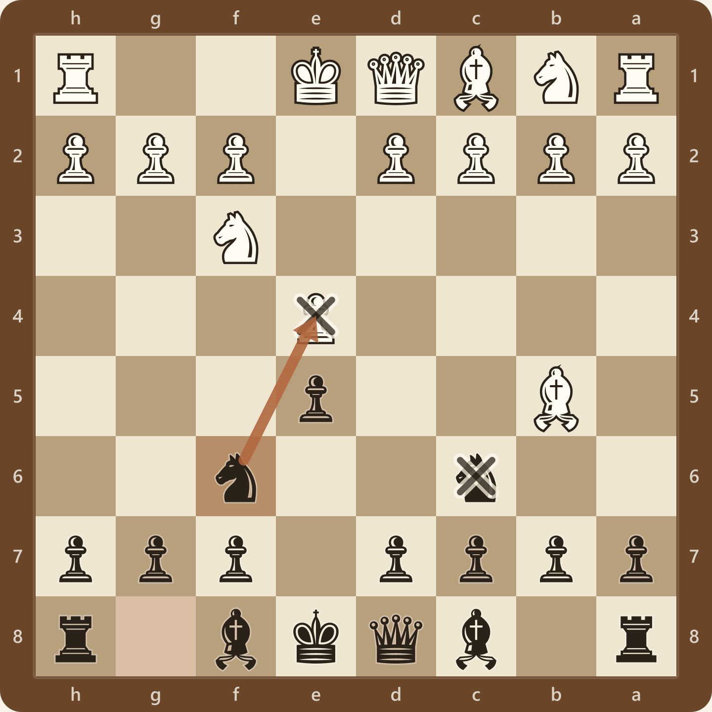 The Berlin Defense after 1.e4 e5 2.Nf3 Nc6 3.Bb5 Nf6, seen from Black's side, with the knight on f6 attacking White's e4 pawn while the bishop on b5 pressures c6