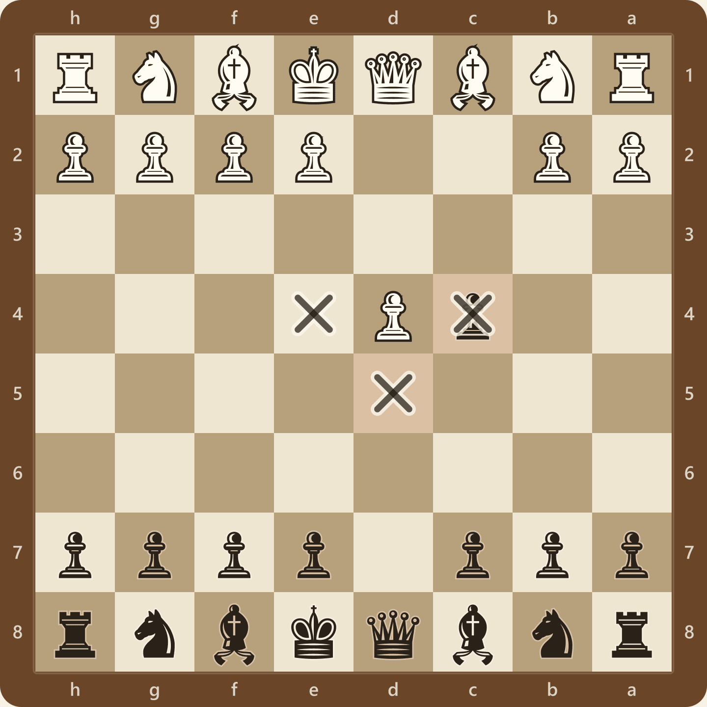 The Queen's Gambit Accepted after 1.d4 d5 2.c4 dxc4, seen from Black's side, with Black's pawn sitting on c4 and the d5 and e4 squares abandoned to White