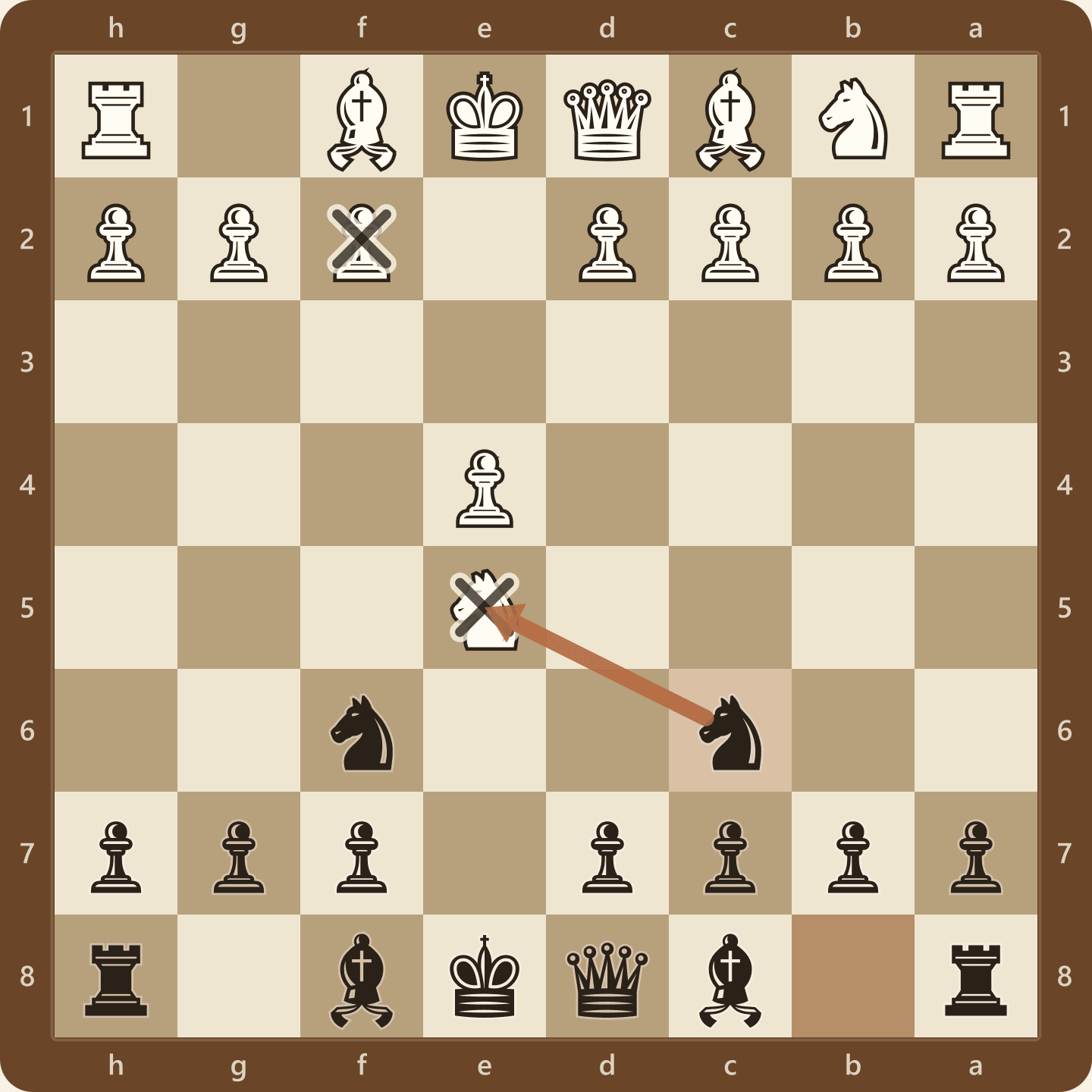 The Stafford Gambit after 1.e4 e5 2.Nf3 Nf6 3.Nxe5 Nc6, seen from Black's side, with the c6 knight offering a second pawn to open lines toward f2