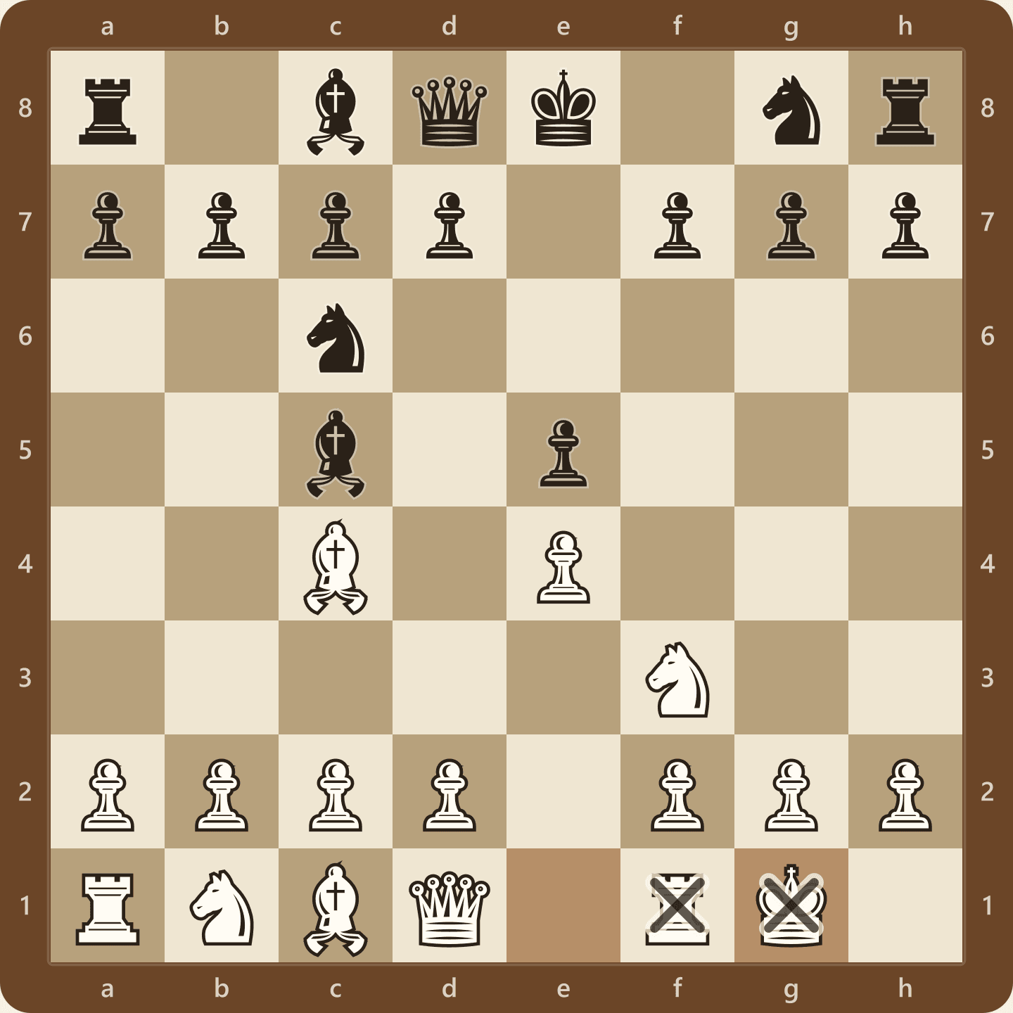 The position after 4.O-O, White having castled kingside so the king sits on g1 and the rook that was on h1 now stands on f1