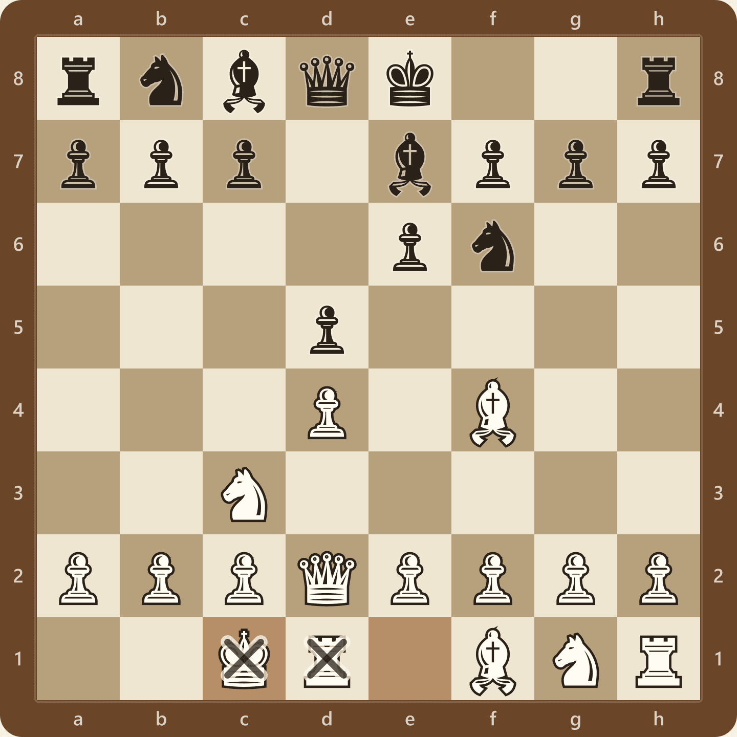 The position after 5.O-O-O, White having castled queenside so the king sits on c1 and the rook that was on a1 now stands on d1
