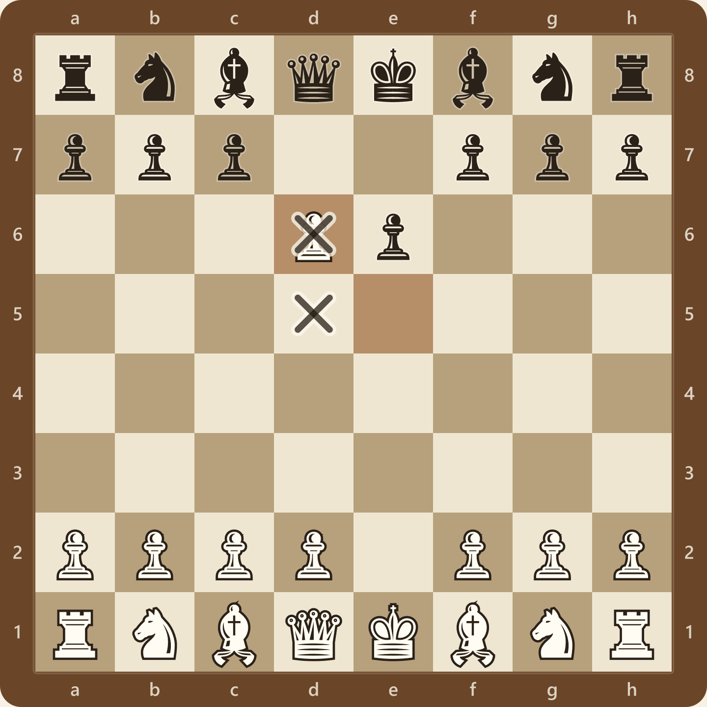 The position after 3.exd6 en passant, with the white pawn now on d6 and markers on d5 and d6 showing the square the captured black pawn had just skipped over