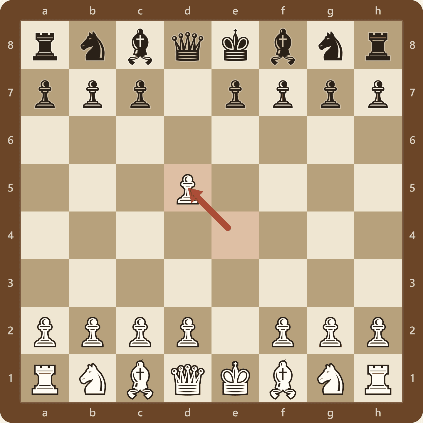 The position after 2.exd5, with the white pawn that started on e4 now standing on d5 having captured the black pawn there