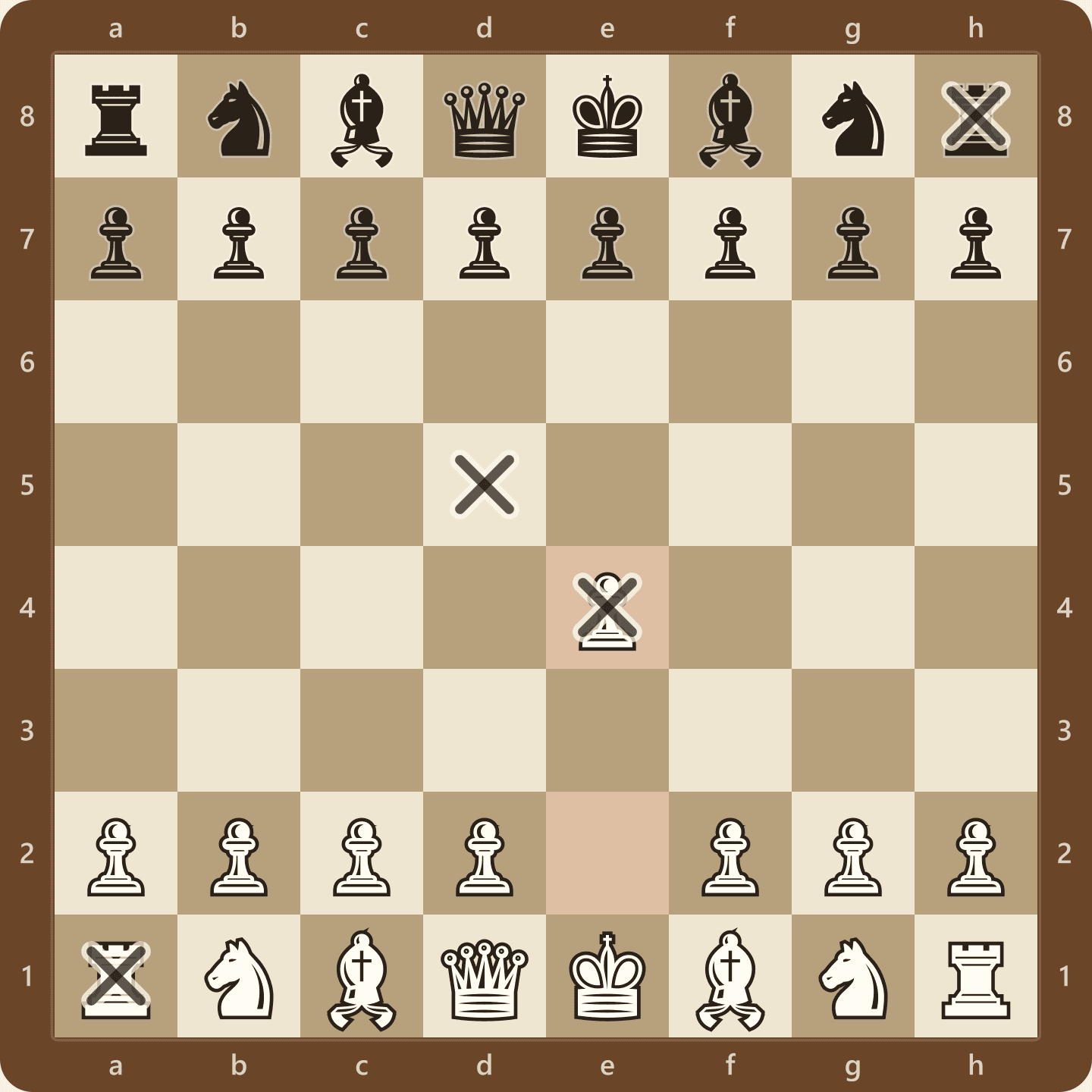 The board after 1.e4 with X markers on a1, h8, d5 and e4, showing how a square name combines its file letter and rank number