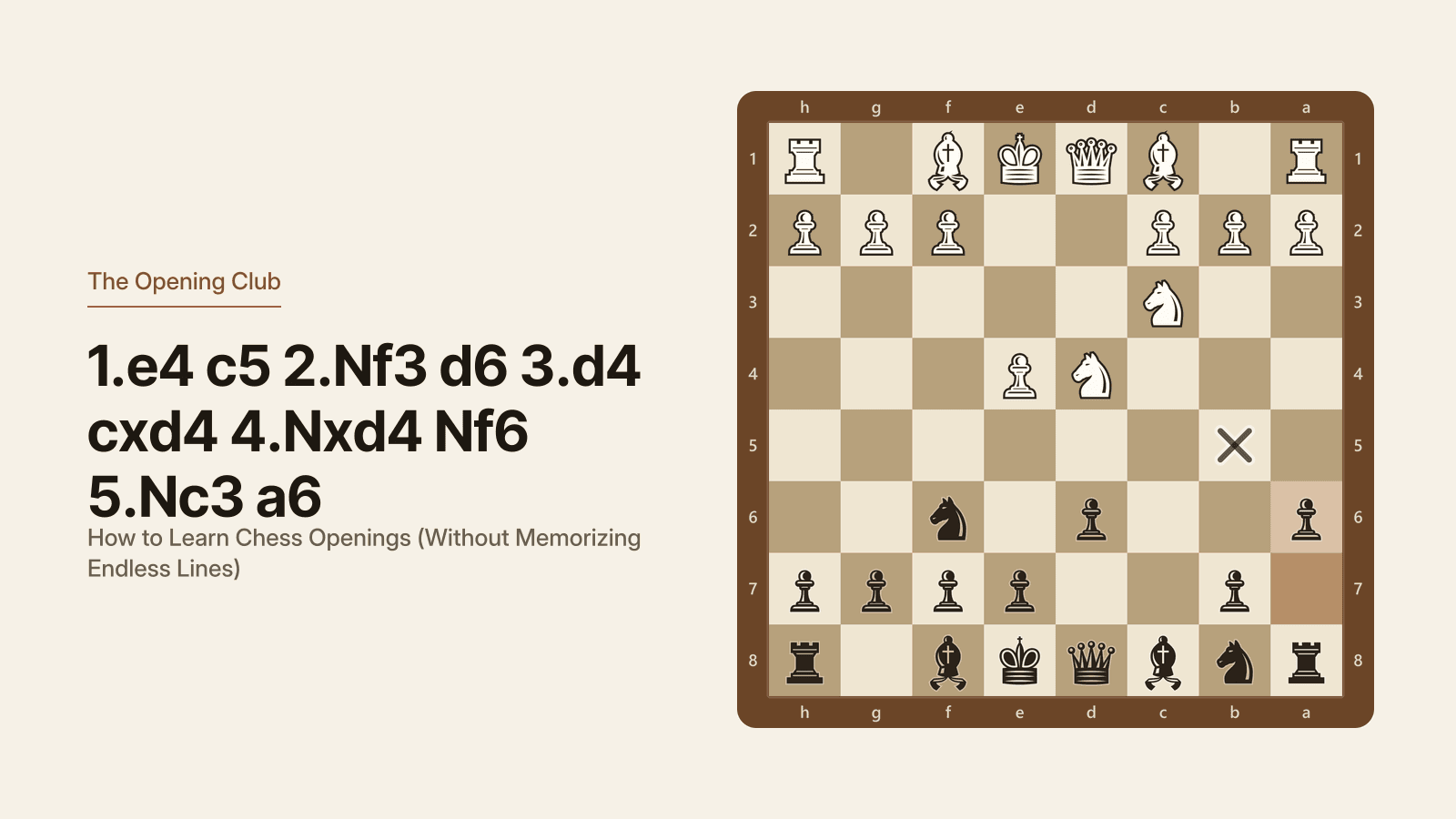 The Sicilian Najdorf after 1.e4 c5 2.Nf3 d6 3.d4 cxd4 4.Nxd4 Nf6 5.Nc3 a6, seen from Black's side, with a marker on the b5 square that the a6 pawn takes away from White's pieces